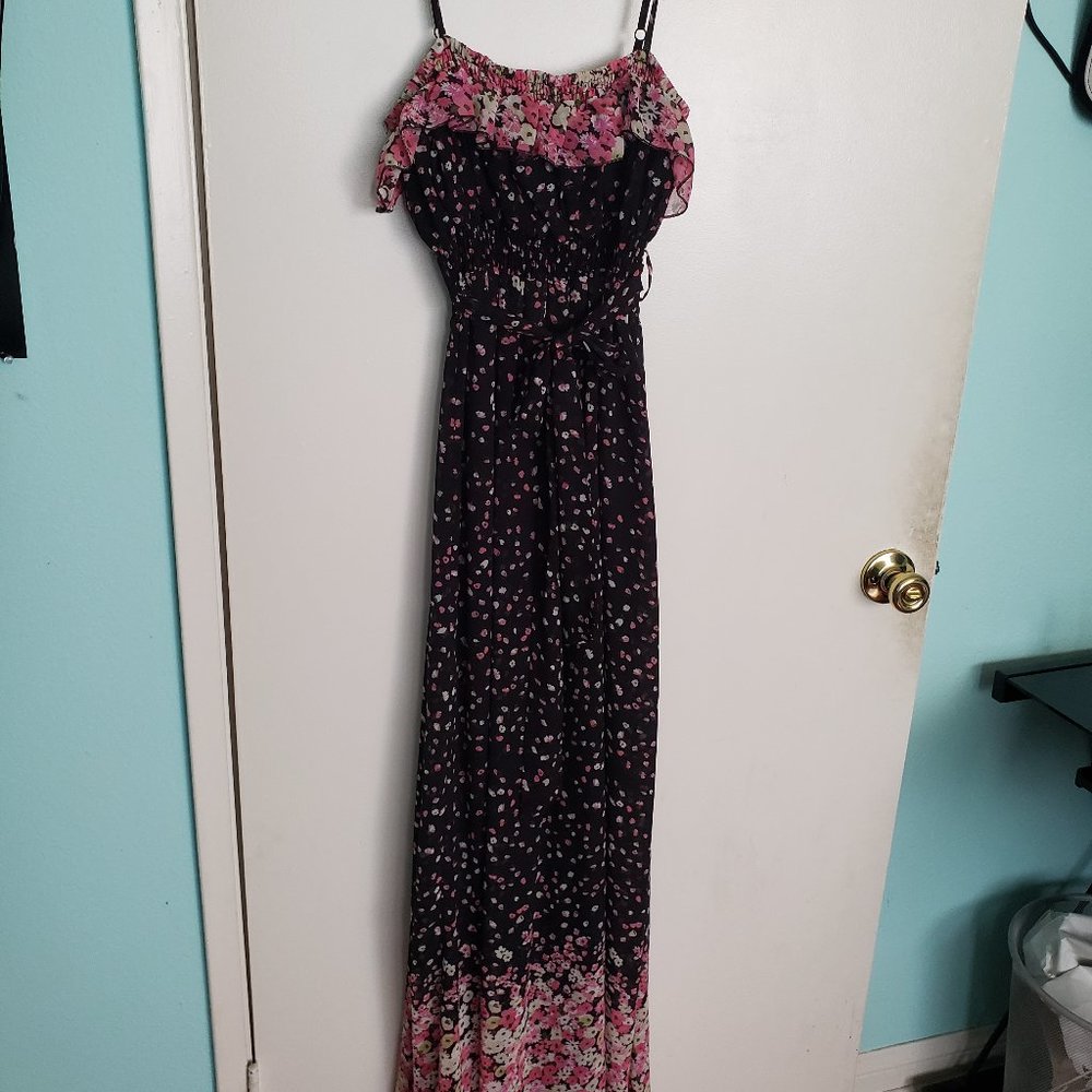 Long black & pink floral summer dress, Size Medium